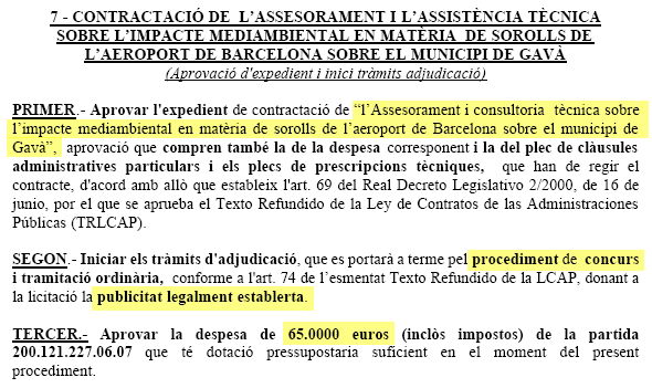 Extracte de l'acta de la Junta de Govern Local de l'Ajuntament de Gav&agrave; on s'ha aprovat l'expedient de contractaci&oacute; de l'Assessorament i consultoria t&egrave;cnica sobre l'impacte mediambiental en mat&egrave;ria de sorolls de l'aeroport de Barcelona sobre el municipi de Gav&agrave; (27 de Febrer de 2007)